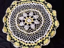Vintage Handmade 18&quot; Crotchet White Yellow Round Table Doily Flower Web Edging  - £10.89 GBP