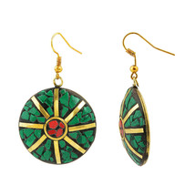 Artisan Crafted Circle Earings with Natural Turquoise and Coral Inlay Jewelry - £10.04 GBP