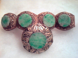 Circa 1920 Chinese Gold Gilt Solid Silver Green Jade Bracelet &amp; Brooch - £1,108.86 GBP