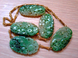 Antique Art Deco Chinese 14K Yellow Gold Carved Rich Green Jadeite Jade Necklace - £5,910.39 GBP