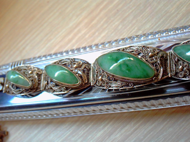 Antique Deco Chinese Sterling Silver Filigree Carved Apple Green Jadeite... - $2,210.99