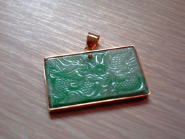 Carved Green Jade Dragon 14K Yellow Gold Square Pendant - £1,896.86 GBP