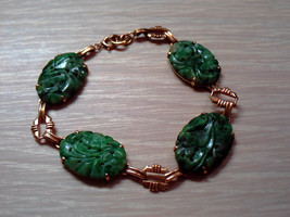 Antique Chinese 14k Yellow Gold Carved Rich Green A Grade Jadeite Bracelet - £1,651.88 GBP