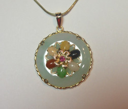 Estate Jade medallion Pendant 14K Yellow Gold Multi Color Jadeite Beads Setting - £888.07 GBP