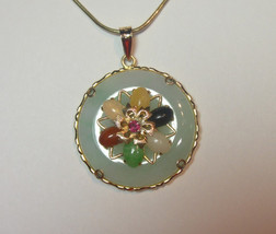 Estate Jade medallion Pendant 14K Yellow Gold Multi Color Jadeite Beads Setting - £887.91 GBP