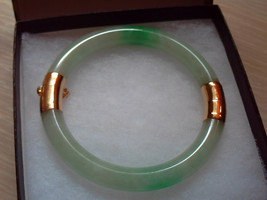 Natural Chinese Green Jadeite Jade Bangle Bracelet 14K Solid Yellow Gold - $830.99