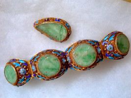 Vintage Art Deco Chinese Gold Gilt Silver Enamel Carved Jade Bracelet &amp; Brooch - £1,279.76 GBP