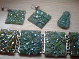 Antique Floral Jadeite Panel Bracelet,Earring &amp; Pendant Set - £316.97 GBP