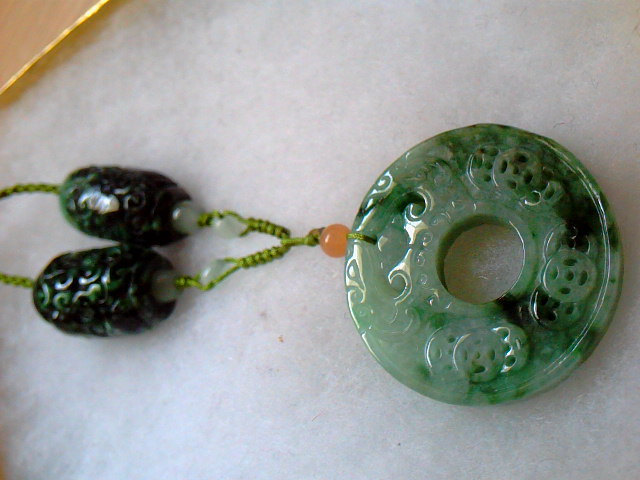 Primary image for Grade A Jadeite Lucky Loop Carved Pendant With 2 Certified Column shape pendants