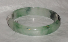 Apple Green White Jade Jadeite Vintage Sterling Silver Clamper Bangle Bracelet - $840.99