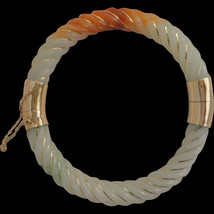 C1950s Chinese 14K Yellow Gold Carved Twisted Jadeite Jade Bangle Bracelet Russe - $2,350.99