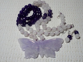 Natural Lavender Jadeite Butterfly Pendant, Nephrite And Amethyst Beads Necklace - £696.33 GBP