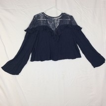 American Eagle Crop Top Ruffle Bell Sleeve Lace Insert Size L Navy - $9.85