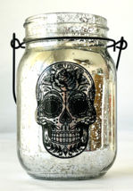 Halloween Mason Jar Sugar Skull Mercury Glass Silver Black 5&quot; Add Votive... - $14.50
