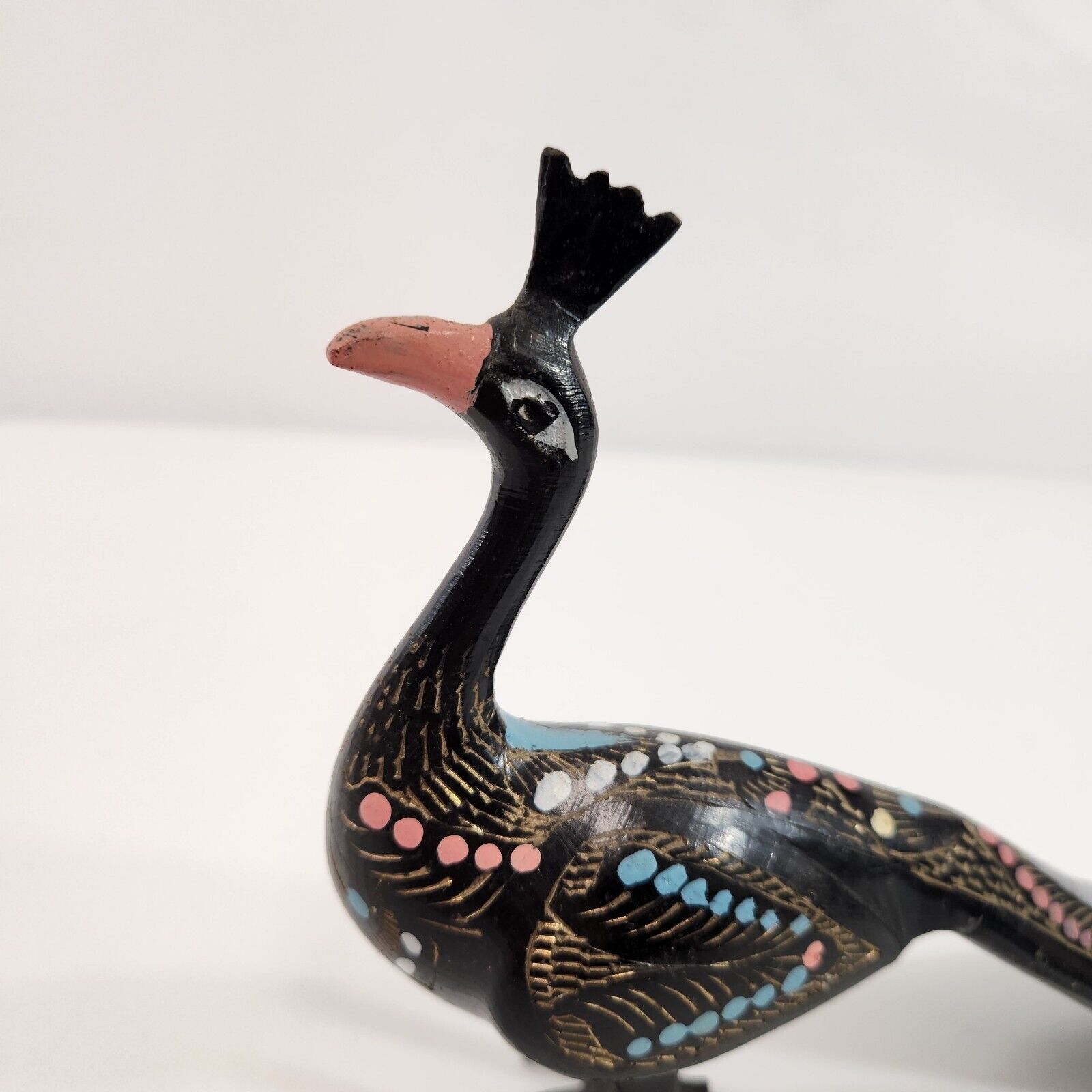 Primary image for Painted Brass Peacock Figurine Metal Sculpture Shoehorn Handmade Black 9" Vtg