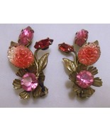 BEAU JEWELS Vintage Flowers RHINESTONE EARRINGS Clip On Shades of Pink Red - £25.91 GBP
