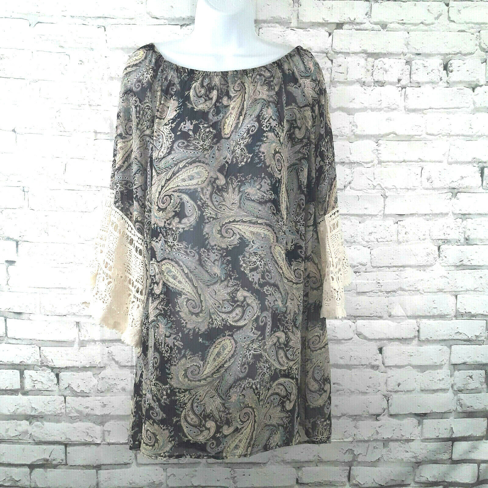 Yahada Mini Dress Women Medium Paisley Off The Shoulder Bell Crochet Sle... - £15.03 GBP