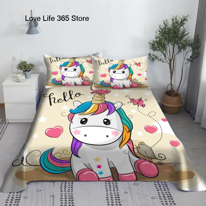 Pink Unicorn Sheet 3D Printed Cartoon Polyester Bed Flat Cover With Pillowcase - £25.00 GBP+