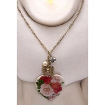 Vintage Floral Heart Pendant Charm Necklace Gold Tone Roses Bow Charms - £12.25 GBP