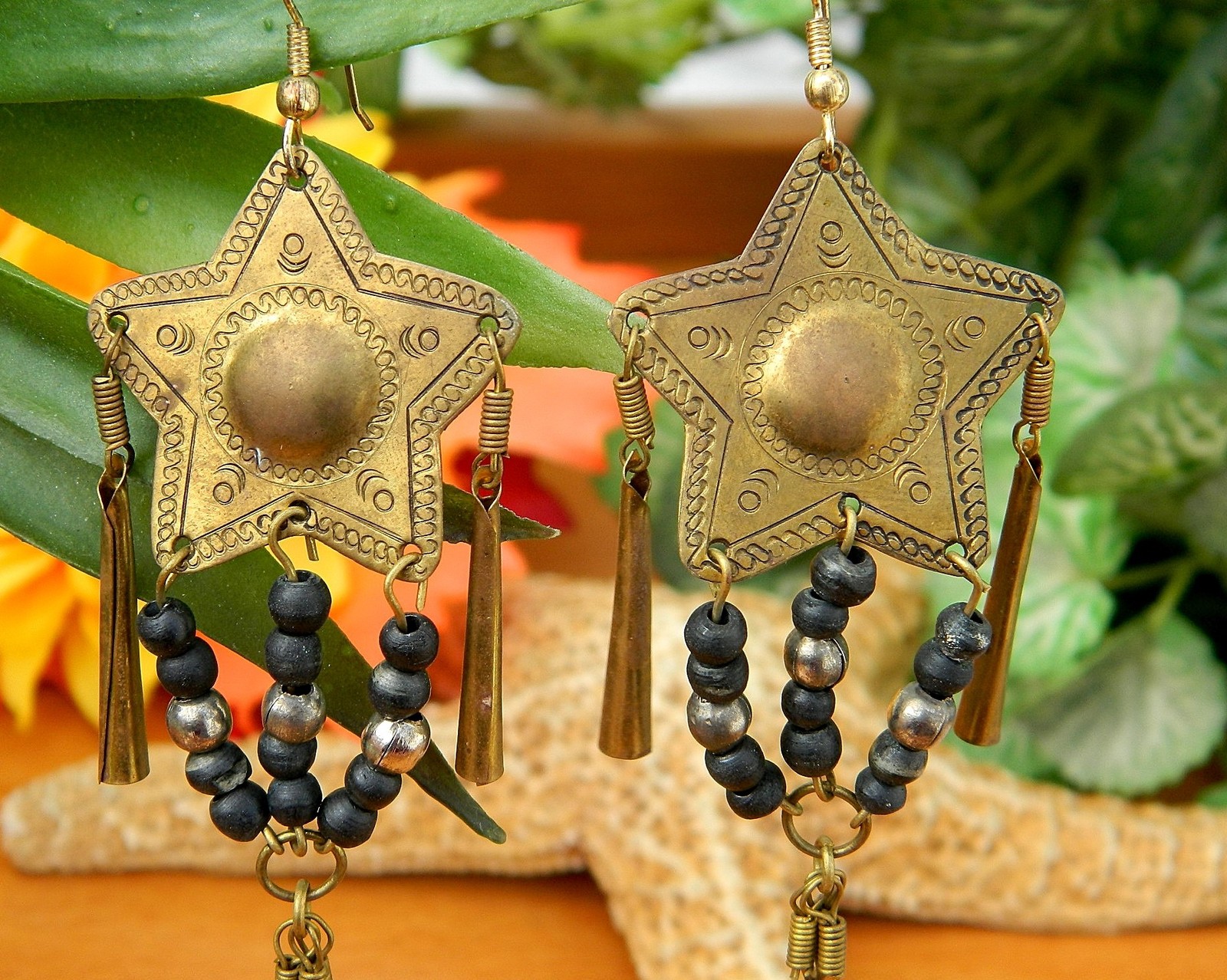 Primary image for Vintage Brass Earrings Five Point Star Etched Dangle Drop Handmade