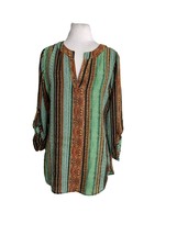 Cato Womens Shirt Size Small Tunic 3/4 Tab Sleeves Stripe Brown Green Pa... - $18.81