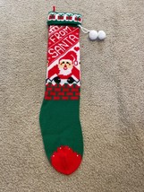 Vintage Knit Christmas Stocking From Santa Red Green Gifts Pom Poms 23&quot; - £8.20 GBP