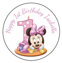 12 Minnie Mouse First 1st Birthday Party Stickers Favors Labels tags 2.5&quot; custom - £9.56 GBP