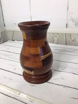 Vintage Multi Wood Mosaic Planter Vase Two Tone Segmented 7.5”  MCM Hand Turned - £25.35 GBP