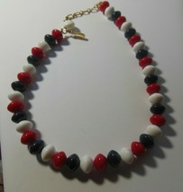 Vintage Signed Trifari Red White &amp; Blue Plastic Bead Necklace - £17.91 GBP