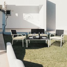 4 Pieces Patio Garden Sofa Conversation Set Wood Grain Design PE - Lawn White - £233.59 GBP