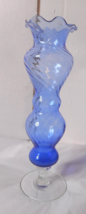 Delicate Thin Light Blue Thick Textured Glass Pedestal Vase Swirled Fluted Top - £11.44 GBP