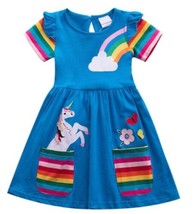 NWT Unicorn Rainbow Girls Blue Short Sleeve Pocket Dress - £3.97 GBP+