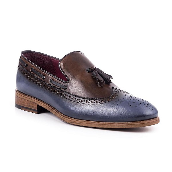 Brown and Blue Tassel Loafer Slip On Genuine Cowhide Leather Brogue Toe Handmade