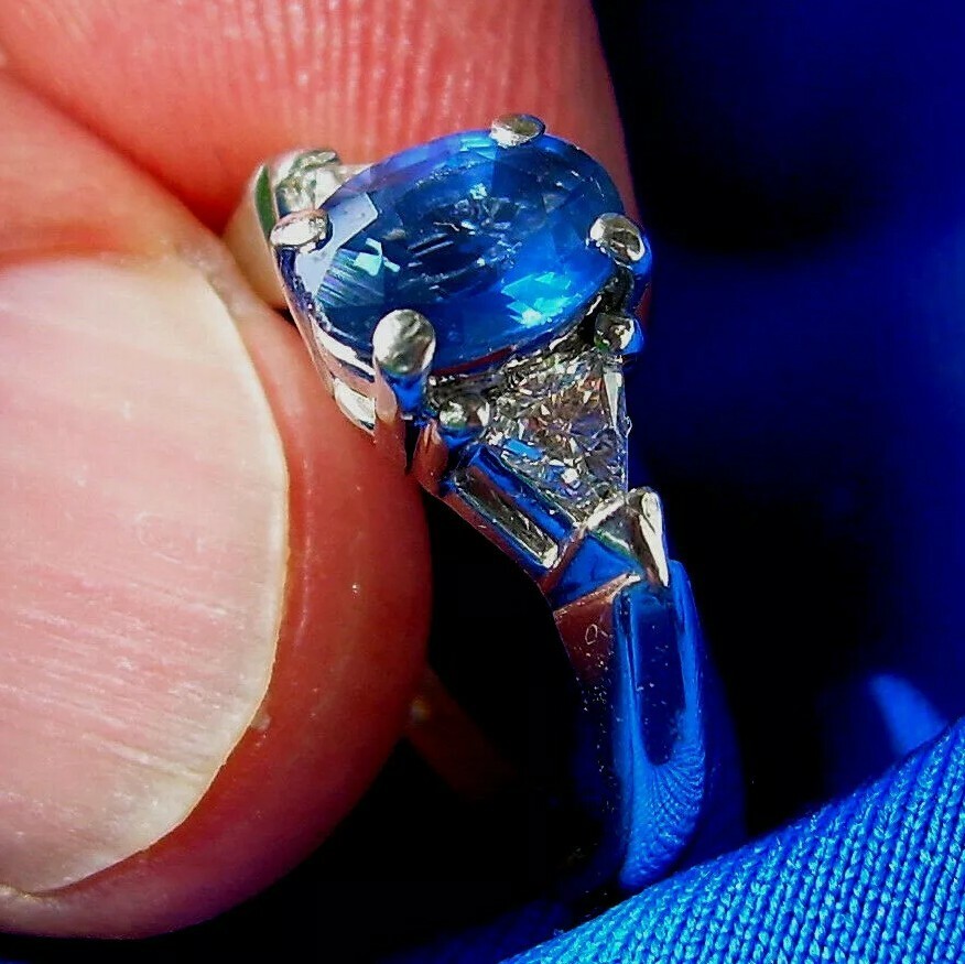 Earth mined Sapphire Diamond Deco Engagement Statement Ring Platinum Solitaire Item image 15