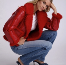 7 For All Mankind Stella Red Vegan Leather Faux Shearling Cropped Jacket... - $247.47