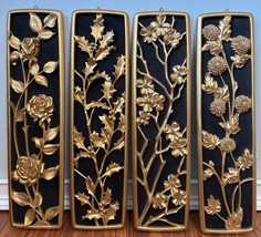 Vtg Set Of 4 Gold Toned Wall Plaques Floral Four Seasons Hollywood Regency - $1,111.32 MXN