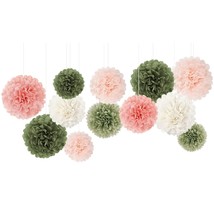 Sage Green Tissue Paper Pom Poms Party Decorations, 12 Pcs White Pink Green Birt - £21.92 GBP