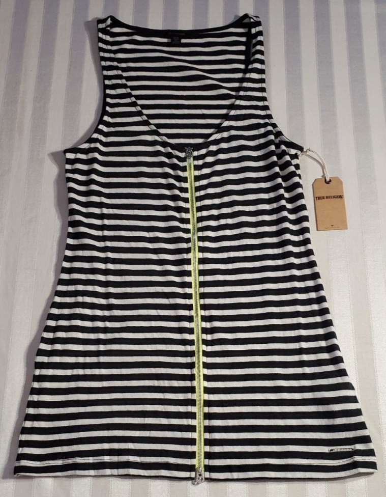NWT True Religion Black & White Stripped Cotton Tank Top size Medium