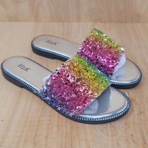 H2K Womens Glitter Slides Sz 5 Rainbow Flat Low Wedge Sandals Shoes - £20.32 GBP