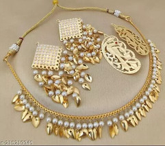 Joharibazar Gold Plated Kundan Chain Necklace Earring Hair Pin Jewelry Set - £15.58 GBP