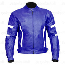 New Men&#39;s Blue White Stripes Motorcycle Cowhide Leather Jacket Safety Pa... - $161.99+