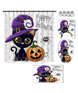 NEW Happy Halloween Black Cat Witch Shower Curtain Set w/ mats, lid cove... - £15.26 GBP