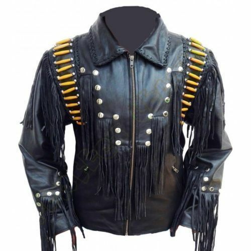 Men's Black Western Bone Beaded Genuine Cowhide Leather Fringed Handmade Jacket