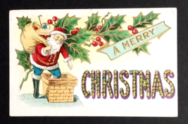 A Merry Christmas Santa Going Down a Chimney Embossed SL &amp; Co Postcard c1908 - $12.99