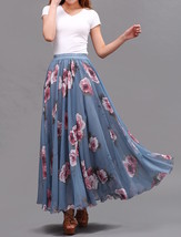 Summer Dusty Blue Floral Chiffon Skirt Outfit Women Plus Size Long Silky Skirt image 5