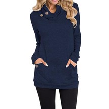 Women Cowl Neck Button Slim Long Sleeve Pockets Blouse Tops Sweatshirt - £25.15 GBP