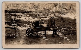 RPPC Two Darling Boys  Wheelbarrow Wagon Cart And Puppy Dog Postcard O21 - £11.95 GBP