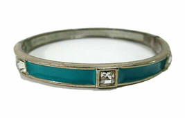 Signed Sequin Turquoise Blue/Teal Enamel &amp; Rhinestone Hinged Bangle Bracelet - £11.86 GBP