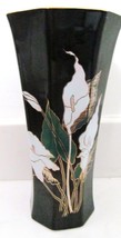 Black Flowered Vase Gold Tone Trim Cloisonne Look Made In Japan 9&quot; - £34.77 GBP