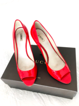 Luxe Genuine MIU MIU Red Patent Leather Wooden High Heels Open Toe 8.5 Italy 39 - £187.86 GBP